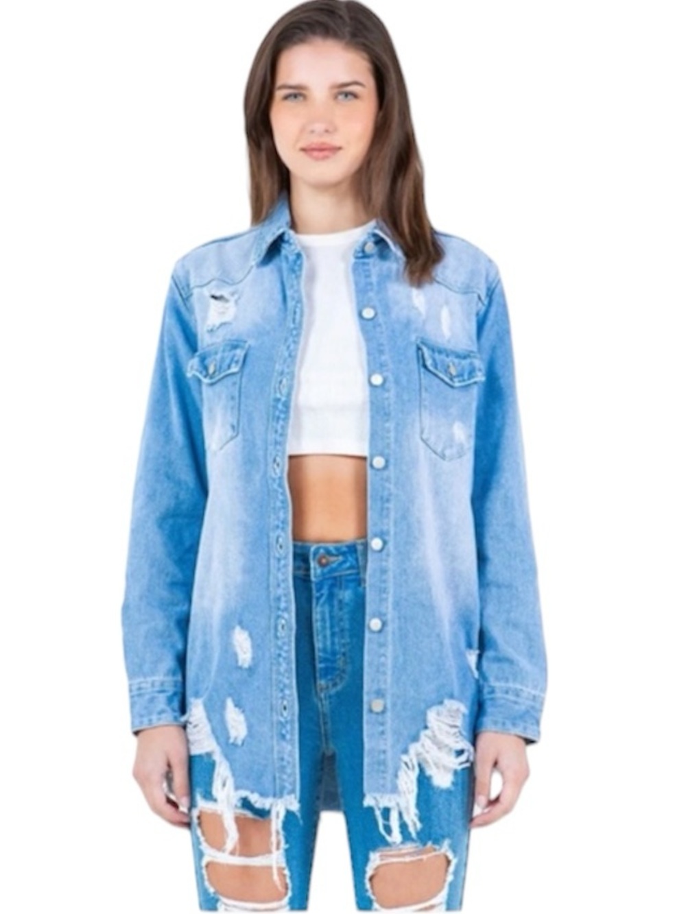 American Bazi Women’s M Light Blue Wash Oversized Distressed Denim Jacket in EUC